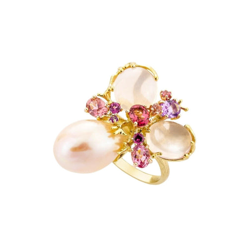 Bague 54 Bague Romance Divine en or jaune 18 carats, perle et quartz rose 58 Facettes CHAT-ROM-RI-PRQ