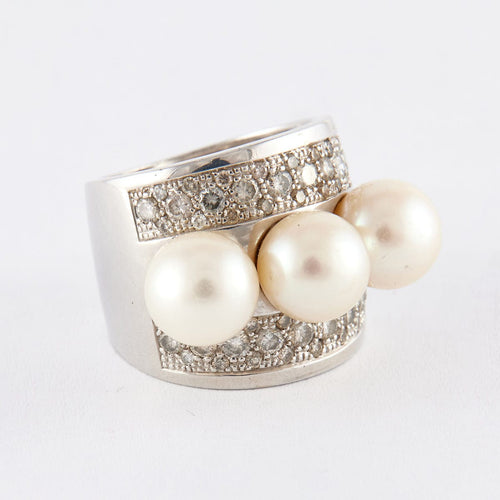 Bague Bague en or gris, diamants, perles 58 Facettes