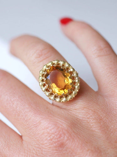 Bague Bague de cocktail ancienne citrine sur or jaune et vert 18Kt 58 Facettes