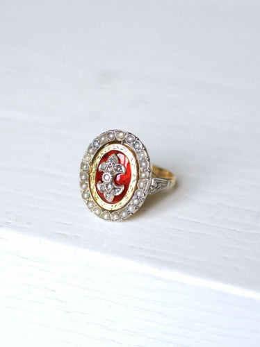 Bague Bague ancienne pivotante émaillée, or et argent sertie de diamant 58 Facettes