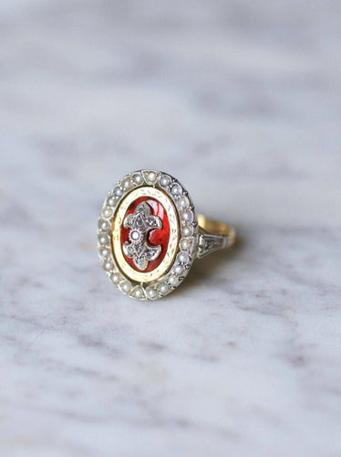 Bague Bague ancienne pivotante émaillée, or et argent sertie de diamant 58 Facettes