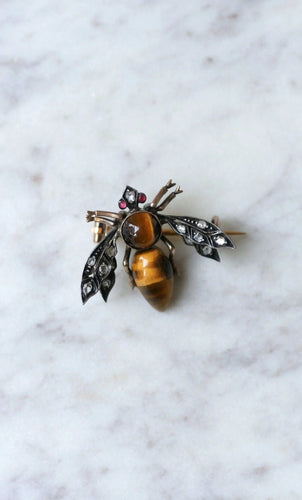Broche Broche ancienne abeille oeil de tigre et diamants 58 Facettes