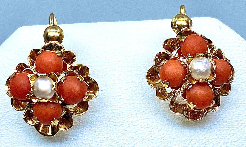 Boucles d'oreilles Parure Napoléon III - pendentif et boucles d’oreilles or, jaune, corail et perles fines 58 Facettes AB185