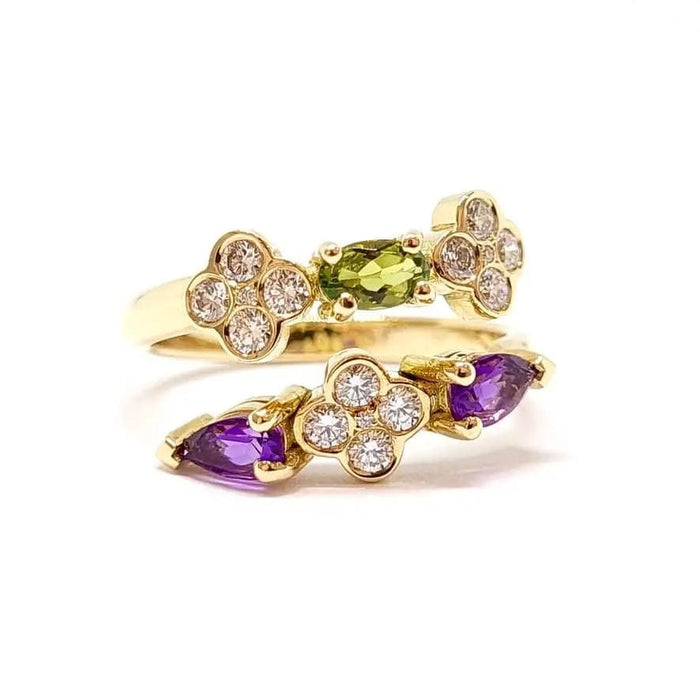 Bague Bague trèfles tourmaline améthystes diamants or jaune 58 Facettes