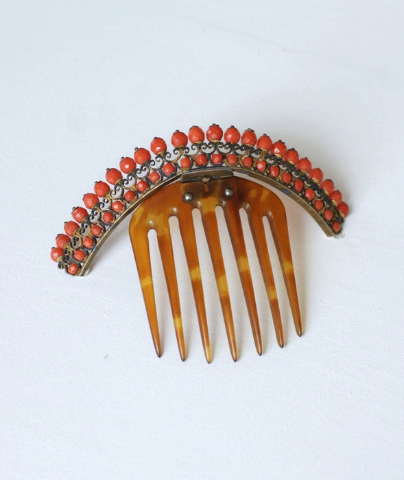 Accessoire Peigne à cheveux, diadème ancien, en corne et corail, sur argent vermeillé 58 Facettes