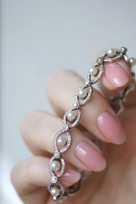 Bracelet Bracelet Art Deco platine, diamants, et perles 58 Facettes
