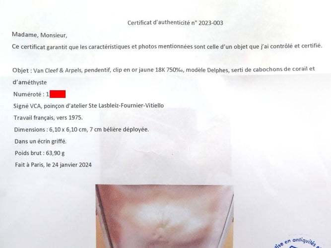 Broche broche pendentif VAN CLEEF & ARPELS delphes 1975 or cabochons corail & amethyste 58 Facettes 257359