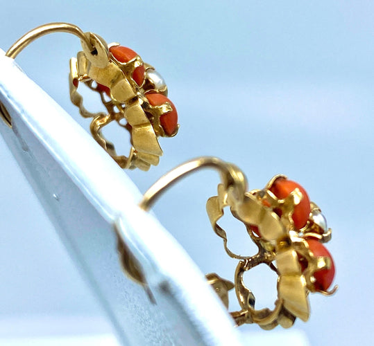 Boucles d'oreilles Parure Napoléon III - pendentif et boucles d’oreilles or, jaune, corail et perles fines 58 Facettes AB185