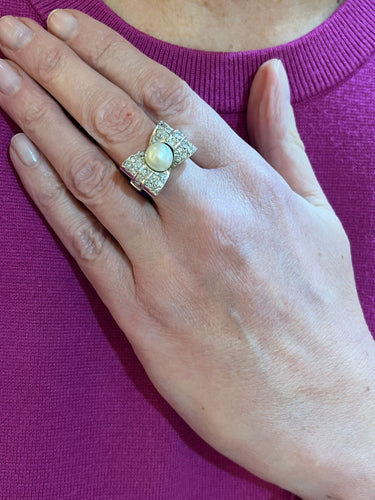 Bague 56 Bague Tank Perle, Diamants, Or Gris 18 cts 58 Facettes BD177