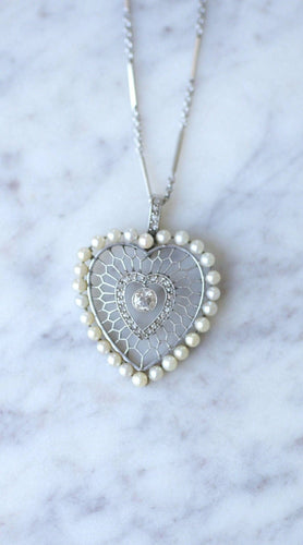 Collier Pendentif cœur diamants et perles en platine 58 Facettes