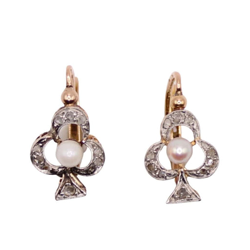Boucles d'oreilles Dormeuses Art Nouveau Trèfles Diamants et Perles fines 58 Facettes