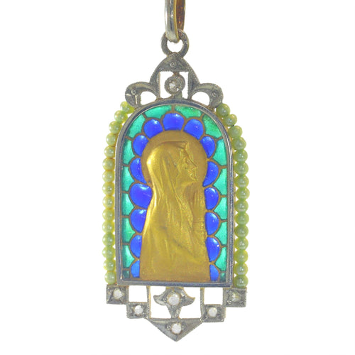 Pendentif Médaille Marie vintage Diamants et émail plique-à-jour 58 Facettes 23191-0420