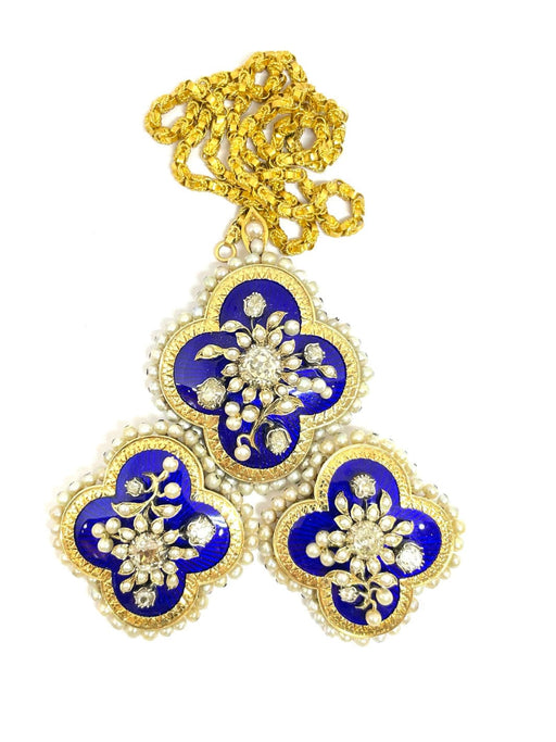 Collier Parure Napoléon lll or jaune, diamants, perles fines et décor émail bleu 58 Facettes