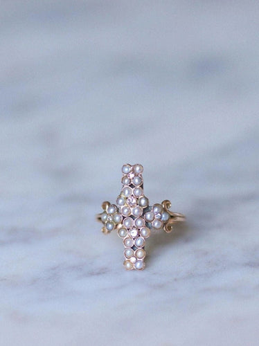 Bague Bague croix or rose, perles fines et diamants 58 Facettes