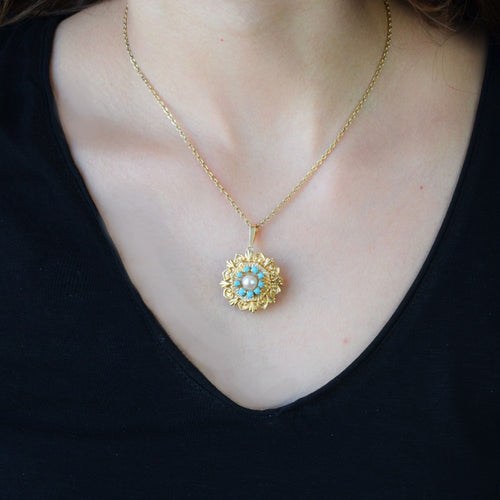 Broche Broche pendentif or jaune perle de culture et perles turquoises 58 Facettes CVBR17