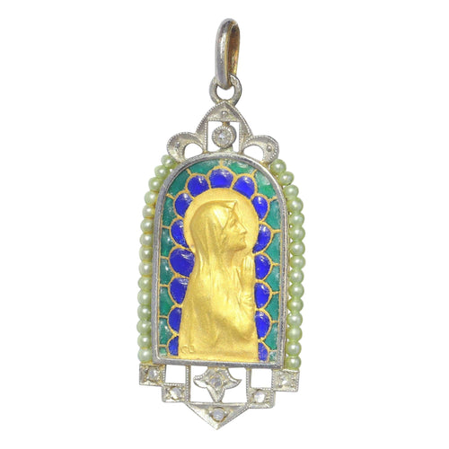 Pendentif Médaille Marie vintage Diamants et émail plique-à-jour 58 Facettes 23191-0420