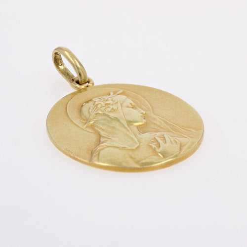 Pendentif Médaille ancienne or jaune Vierge auréolée et fleur de lys 58 Facettes 13-022C