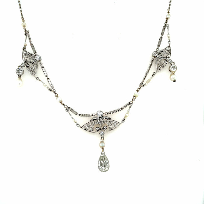 Collier Collier de perles naturelles édouardiennes en diamants en platine 58 Facettes