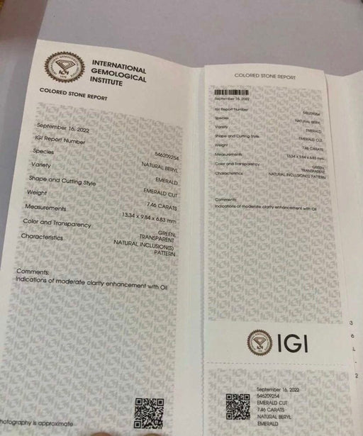 Gemstone Emeraude 7,46cts certificat IGI 58 Facettes 39