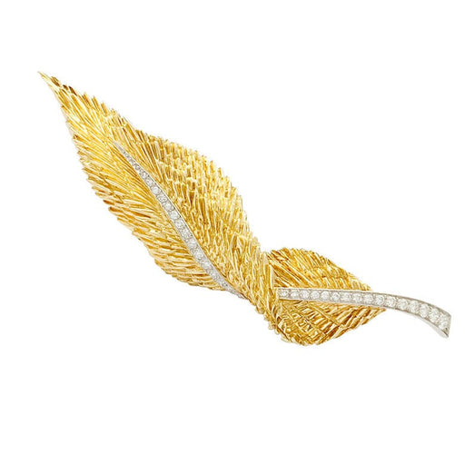 Broche Broche Hermès, "Plume", or jaune, platine, diamants. 58 Facettes 32105