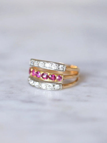 Bague Victorienne triple anneau en or rose, platine, rubis et diamants 58 Facettes