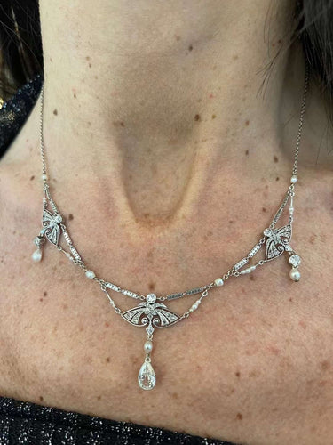 Collier Collier de perles naturelles édouardiennes en diamants en platine 58 Facettes