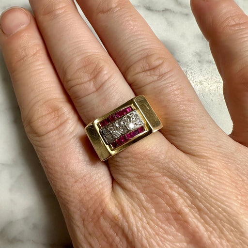 Ring 56.5 Ring tank arcade 2 Golds Diamonds Ruby 58 Facettes REF2219