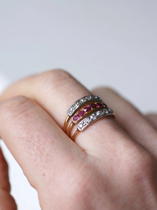 Bague Victorienne triple anneau en or rose, platine, rubis et diamants 58 Facettes