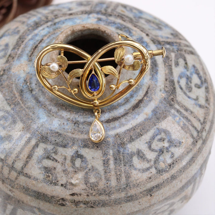 Broche Broche pendentif ancien or jaune pierre bleue perles 58 Facettes 14-199A