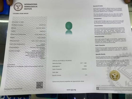 Gemstone émeraude 8.70cts certificat IGI 58 Facettes 37