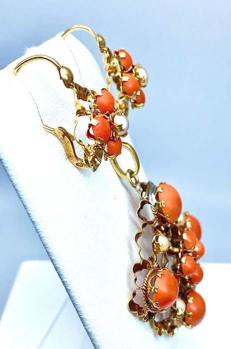 Boucles d'oreilles Parure Napoléon III - pendentif et boucles d’oreilles or, jaune, corail et perles fines 58 Facettes AB185