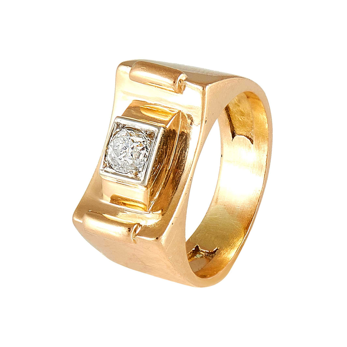Bague Tank Vintage En Or 18K Et Platine Avec Diamants Et Rubis - Années 40 - Taille 57