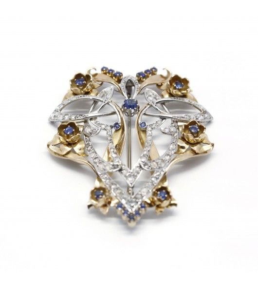 Broche 5 cm x 5.8 cm / Jaune et blanc / Or 750 et Platine 950 Broche Art Nouveau Saphirs et Diamants 58 Facettes 190017R