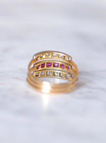 Bague Victorienne triple anneau en or rose, platine, rubis et diamants 58 Facettes