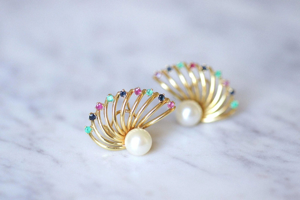 Boucles d'oreilles éventail vintage en or jaune, perle, saphir, rubis, émeraude 58 Facettes