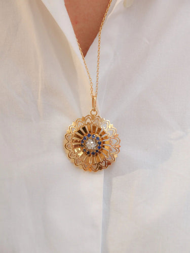 Pendentif Pendentif rond vintage or jaune, diamant et saphirs 58 Facettes J86