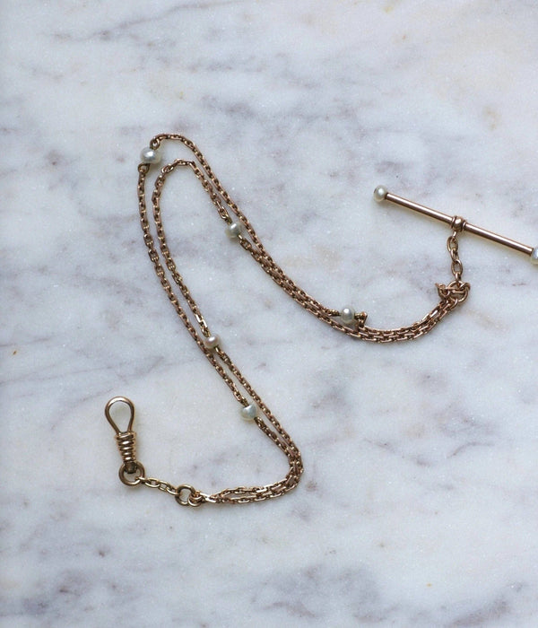 Bracelet, chaine de montre, or rose et perles 58 Facettes