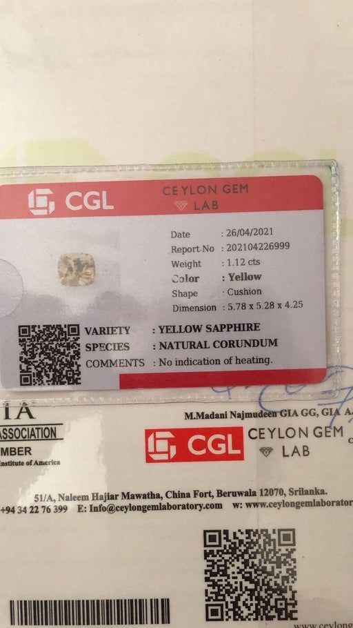 Gemstone Saphir jaune non chauffé non traité 1.12cts certificat CGL 58 Facettes 156