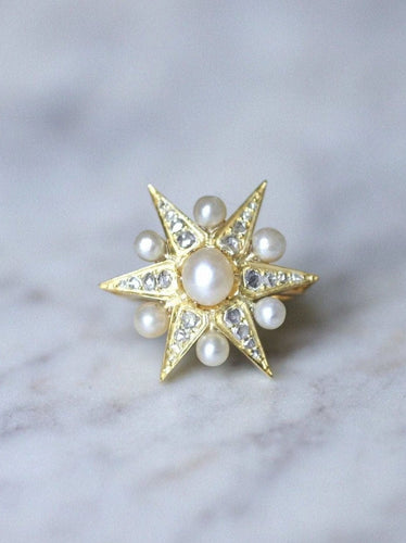 Bague étoile ancienne en or jaune, diamants, et perles fines 58 Facettes