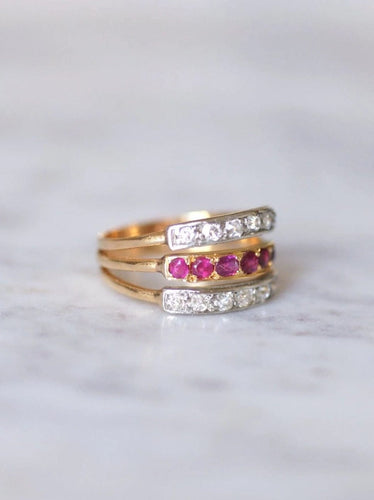 Bague Victorienne triple anneau en or rose, platine, rubis et diamants 58 Facettes