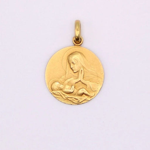 Pendentif Médaille religieuse ronde Vierge priant su enfant Jésus couché or jaune 58 Facettes