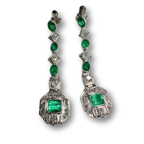 Boucles d'oreilles Boucles d'oreilles en platine de style Art Déco avec diamants et émeraude 58 Facettes Q725A