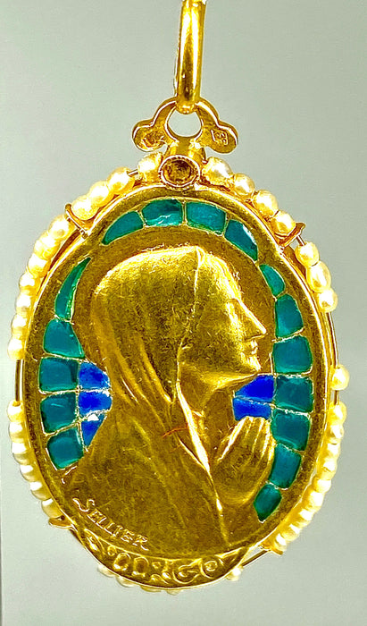 Pendentif Médaille vierge émail perles fines signée SELLIER 58 Facettes AB164