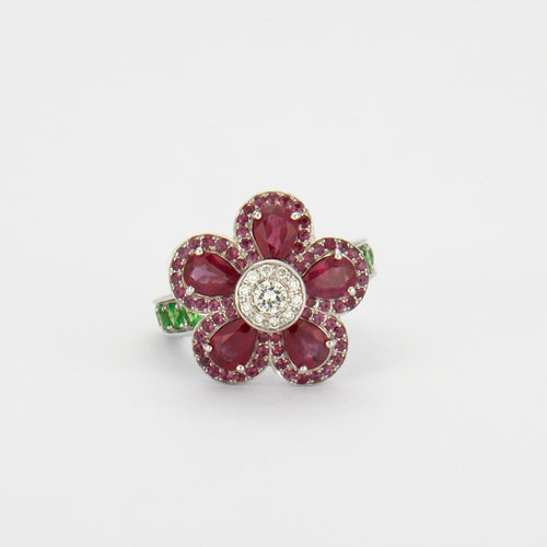 Bague 55 Bague Fleur Rubis Diamants Tsavorites 58 Facettes 325R158