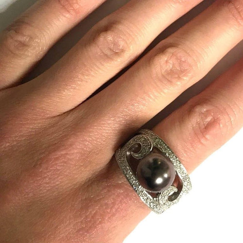 Bague 54 Bague cocktail Or blanc Perle Diamants 58 Facettes