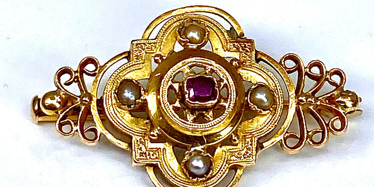 Broche Ancienne Art Nouveau Sertie De Grenats – Marque FIX, Plaqué Or Jaune, Occasion