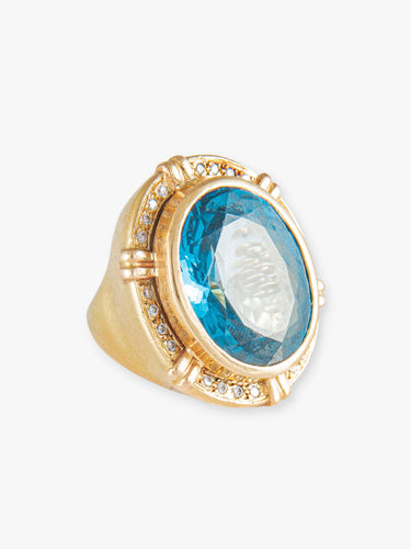 Bague 49 Importante Bague Chevalière, Topaze Bleue & Diamants, Or Jaune 58 Facettes