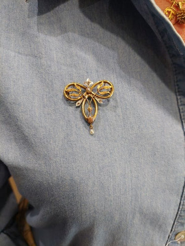 Broche Brocha ancienne 2 Ors Perles Diamants 58 Facettes 082481