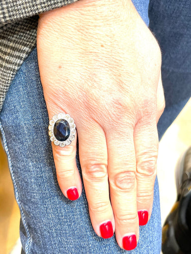 Bague Bague Pompadour en platine, saphir ovale et diamants 58 Facettes