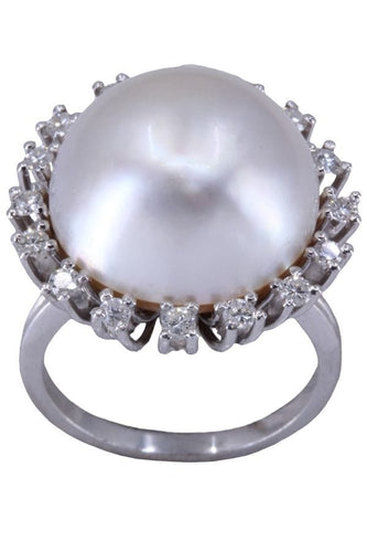 Bague 54 Bague dôme Or blanc Perle Diamant 58 Facettes 081051